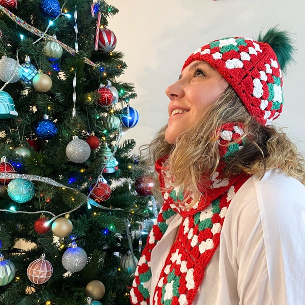 Christmas Retro Scarf and Beanie with Pompom, Xmas Unisex Handknit Set, 100% Cotton Crochet Wrap and Hat, Festive Gift Idea for Holiday