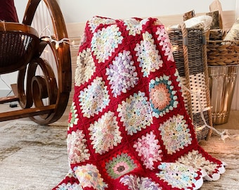 Red Granny Square Handmade Blanket, Afghan Chrochet Throw Bedspread, Boho Home Style, Xmas Holiday Decor, Christmas, Moms Day Gift For Home