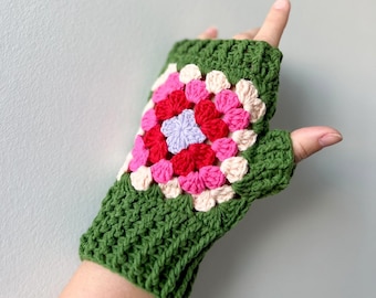 Green Granny Square Fingerless Gloves, Crochet XMAS Accessories, Handmade Cotton Winter Afghan Gloves, Unisex Gift for Her, Him, Friend