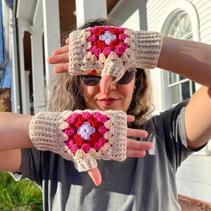 Granny Square Fingerless Gloves, Crochet XMAS Accessories, Handmade Cotton Winter Gloves, Unisex Gift for Her, Him, Girlfriend, Bestfriend