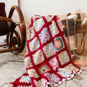 Red Granny Square Handmade Blanket, Afghan Chrochet Throw Bedspread, Boho Home Style, Xmas Holiday Decor, Christmas, Moms Day Gift For Home image 1