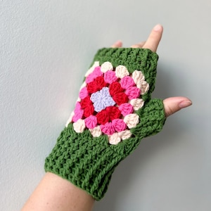 Green Crochet Fingerless Gloves, Granny Square Accessories, Afghan Mitten, Hand Warmers, Handmade Unisex Gift for Her, Him, Holiday