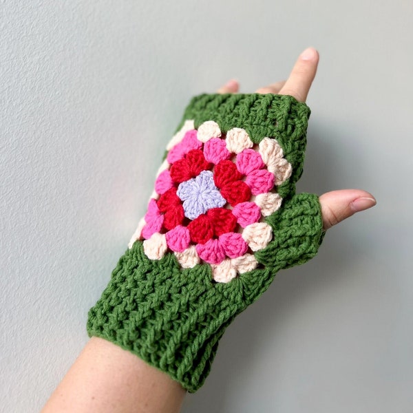 Green Granny Square Fingerless Gloves, Crochet XMAS Accessories, Handmade Cotton Winter Afghan Gloves, Unisex Gift for Her, Him, Friend