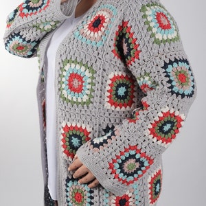 Granny Square Cardigan, Women Boho Coat, Cozy Cream Patchwork Hippie Spring Jacket,Afghan Handmade Knit Sweater, Moms Day Gift for Her image 2