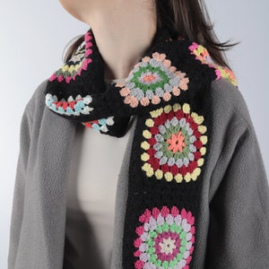 Colorful Granny Square Scarf, Handmade Crochet Scarves, Cable Long Shawl, Woman Hand Knitted Wrap, Winter Patchwork, Gift for her, him, mom