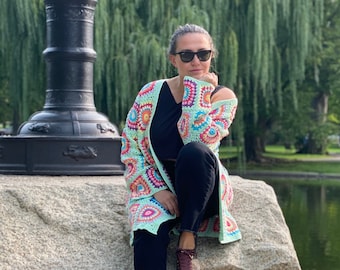 Oversized Long Cardigan, Patchwork Green Jacket, Woman Sweater, Granny Square Colorful Cardigan,Cotton Coat Kimono, Moms for Gift for Her