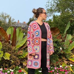 Cardigan Sweater for Women, Pink Granny Square Jacket, Cotton Knit Coat,Long Patchwork Jacket,Boho Sweater,Gift for Her,Afghan Long Cardigan