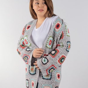 Granny Square Cardigan, Women Boho Coat, Cozy Cream Patchwork Hippie Spring Jacket,Afghan Handmade Knit Sweater, Moms Day Gift for Her Gray