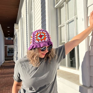Purple Granny Square Hat, Colorful Bucket Hat, Crochet Afghan Hat, Patchwork Hat, Knitted Beanie, Crochet Accessories, Popular Handmade Gift