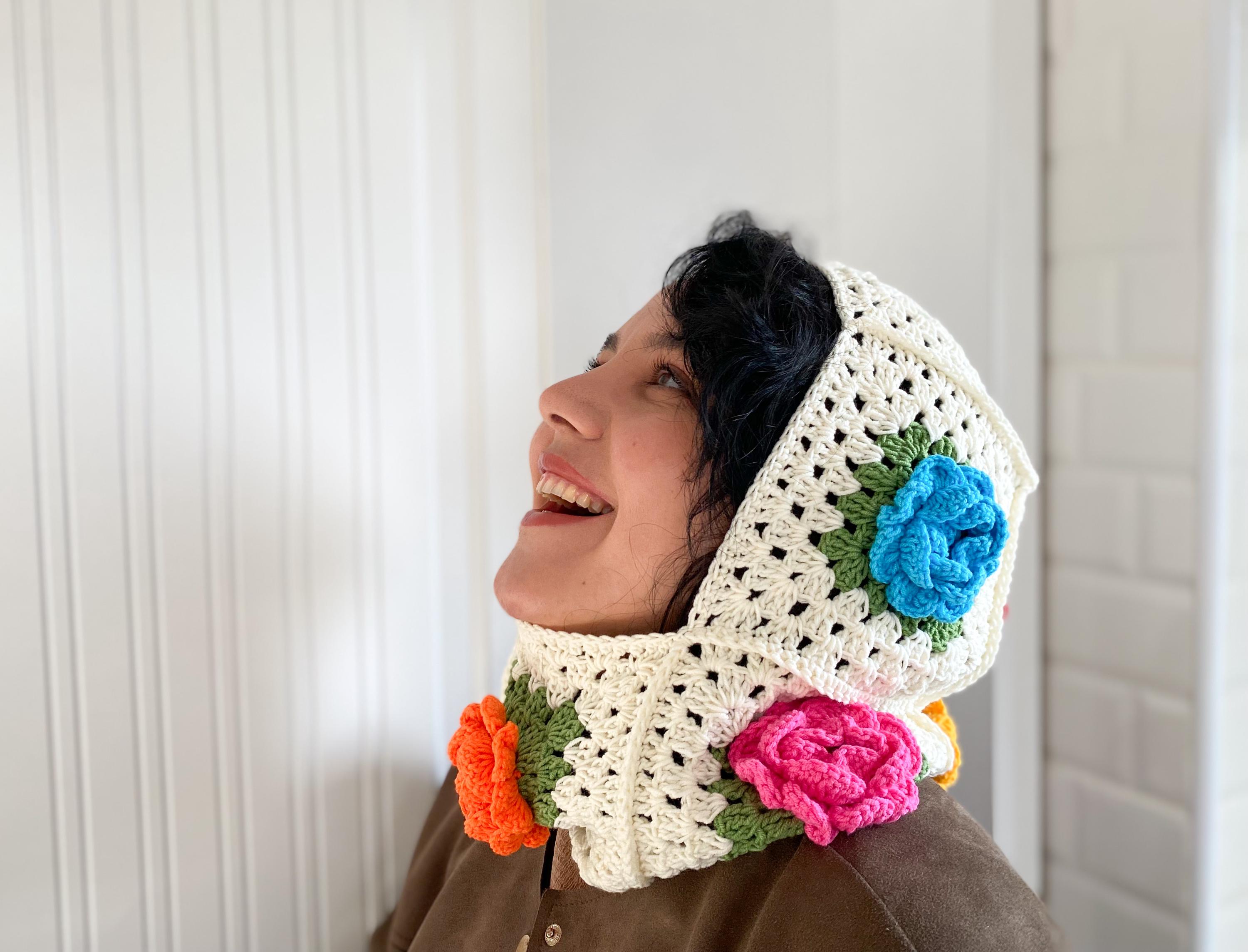 Crochet Rose Balaclava: Handmade Granny Square Floral Winter  display picture 3