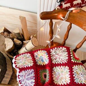 Red Granny Square Handmade Blanket, Afghan Chrochet Throw Bedspread, Boho Home Style, Xmas Holiday Decor, Christmas, Moms Day Gift For Home image 7