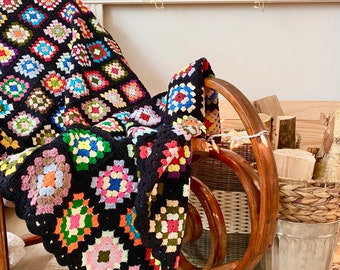 Black Granny Square Crochet Blanket, Custom Size Afghan Throw, Gift for Home