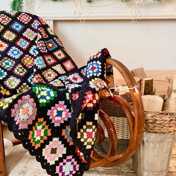 Black Granny Square Blanket, 100% Handmade Crochet Bedspread, Afghan Throw, Handknit Multicolor Boho Sofa Blanket, Home Decor, Gift for Home