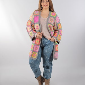 Pink Crochet Cardigan, Women Boho Coat, Cozy Patchwork Hippie Spring Jacket, Afghan Handmade Knit Sweater, Gift for Her Ready to Ship image 6