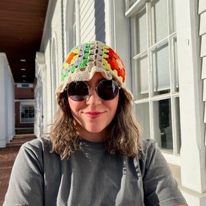Cream Granny Square Hat, Colorful Bucket Hat, Crochet Afghan Hat, Patchwork Hat, Knitted Beanie, Crochet Accessories, Popular Handmade Gift