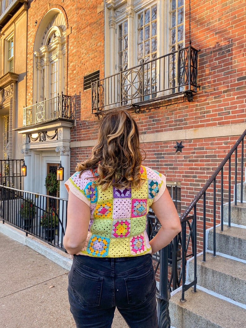 Hand Knit Vest for Women, Colorful Knit Sweater, Cream Waistcoat, Afghan Vest, Cotton Crochet Cardigan,Granny Square Retro Vest,Gift for Her image 3