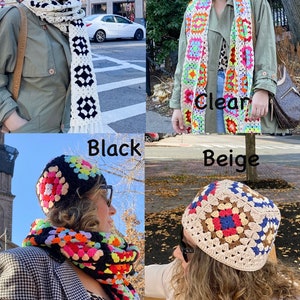 Black Soft Beanie Granny Square Brown Crocheted Hat, Red Winter Cotton Knit, Cozy Patchwork Hippie Cap, Boho Blue HandmadeValentines Gift image 5