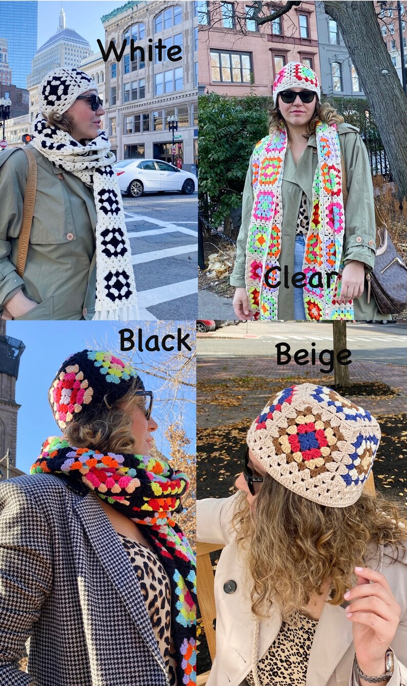 Black Soft Beanie Granny Square Brown Crocheted Hat, Red Winter Cotton Knit, Cozy Patchwork Hippie Cap, Boho Blue HandmadeValentines Gift image 5