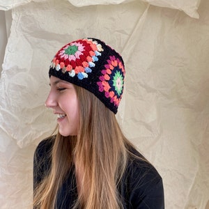 Ready to Ship Beanie Granny Square Colorful Crocheted, Cotton Knit Cap, Cozy Patchwork Hippie Hat,Unisex Valentines Gift for Her, Him zdjęcie 3