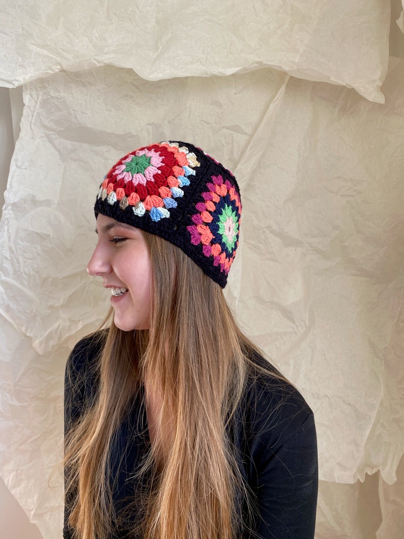 Ready to Ship Beanie Granny Square Colorful Crocheted, Cotton Knit Cap, Cozy Patchwork Hippie Hat,Unisex Valentines Gift for Her, Him image 3