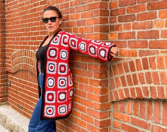 Red Chunky Coat, Granny Square Sweater, Afghan Knit Coat, Retro Jacket, Women Cardigan, Granny Square Coat, Mom’s Gift, Valentines Gift