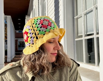 Yellow Granny Square Colorful Bucket Hat, Colorful Crochet Cap, Cozy Patchwork Hippie Hat, Summer Hat, Unisex Gift for Her, Him, Girlfriend