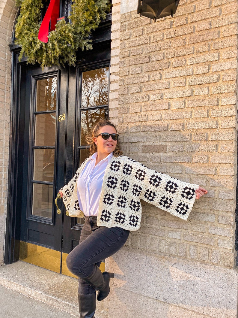White Black Granny Square Cardigan, Chunky Handmade Coat, Crochet Afghan Retro Sweater, Patchwork Hippie Jacket, Gift for Her, Girlfriend image 2