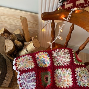 Red Granny Square Handmade Blanket, Afghan Chrochet Throw Bedspread, Boho Home Style, Xmas Holiday Decor, Christmas, Moms Day Gift For Home image 2