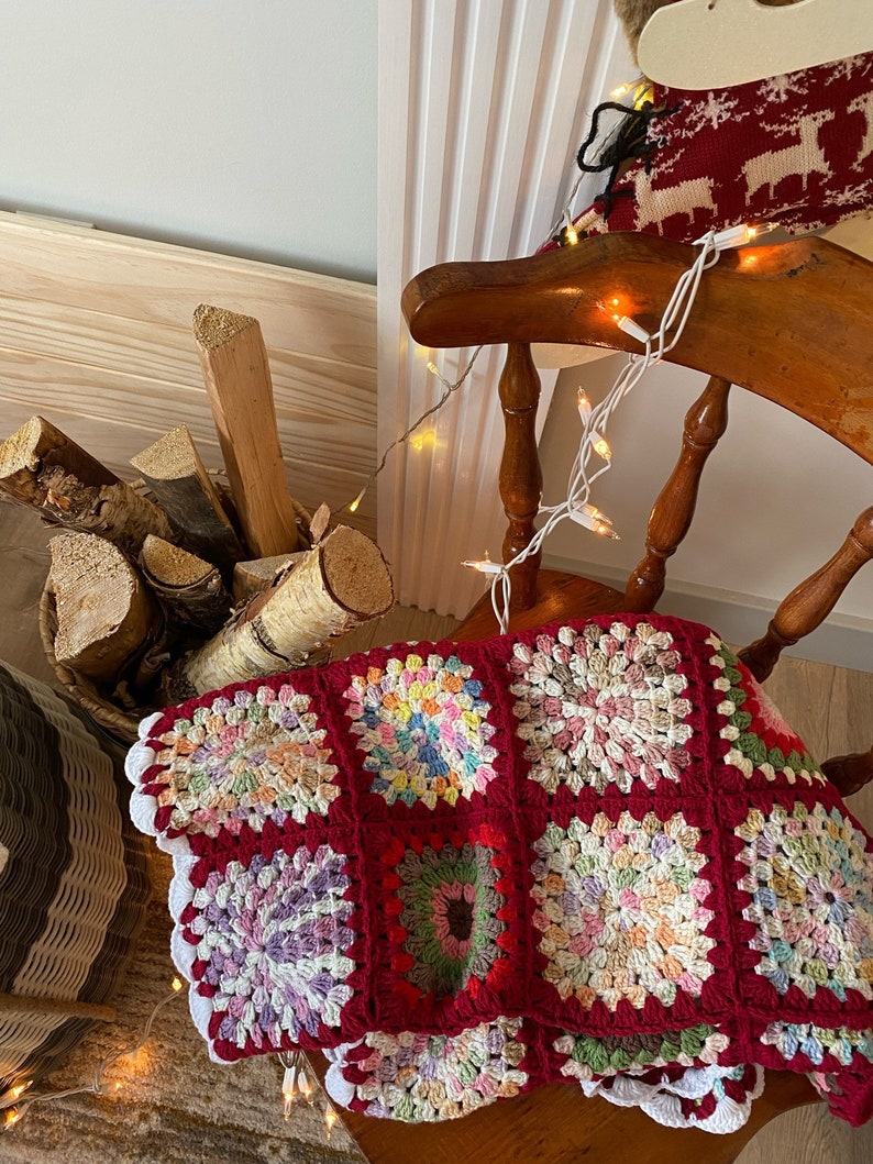 Red Granny Square Handmade Blanket, Afghan Chrochet Throw Bedspread, Boho Home Style, Xmas Holiday Decor, Christmas, Moms Day Gift For Home image 2