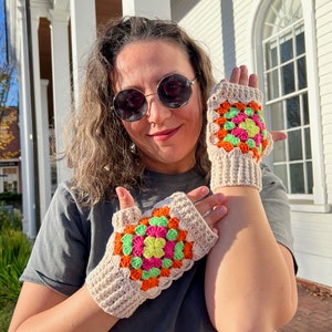 Cream Patchwork Gloves, Granny Square Fingerless Gloves, Crochet Accessories, Hand Warmers, Afghan Winter Mitten, Handmade Gift for Holiday