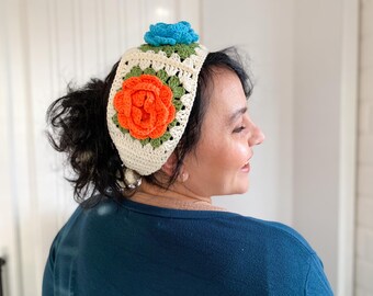 Handmade Crochet Colorful Rose Headband – Boho Granny Square  display picture 3