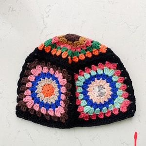 Ready to Ship Beanie Granny Square Colorful Crocheted, Cotton Knit Cap, Cozy Patchwork Hippie Hat,Unisex Valentines Gift for Her, Him image 4