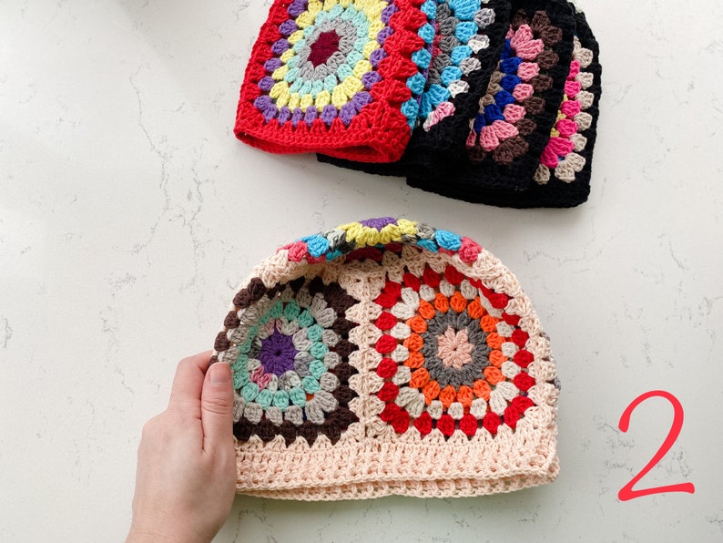 Ready to Ship Beanie Granny Square Colorful Crocheted, Cotton Knit Cap, Cozy Patchwork Hippie Hat,Unisex Valentines Gift for Her, Him zdjęcie 5