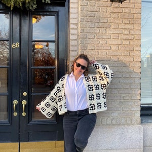 White Black Granny Square Cardigan, Chunky Handmade Coat, Crochet Afghan Retro Sweater, Patchwork Hippie Jacket, Gift for Her, Girlfriend image 6