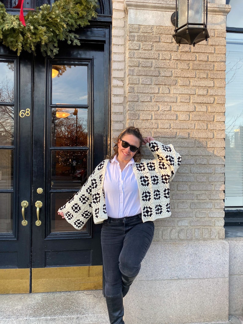 White Black Granny Square Cardigan, Chunky Handmade Coat, Crochet Afghan Retro Sweater, Patchwork Hippie Jacket, Gift for Her, Girlfriend image 6