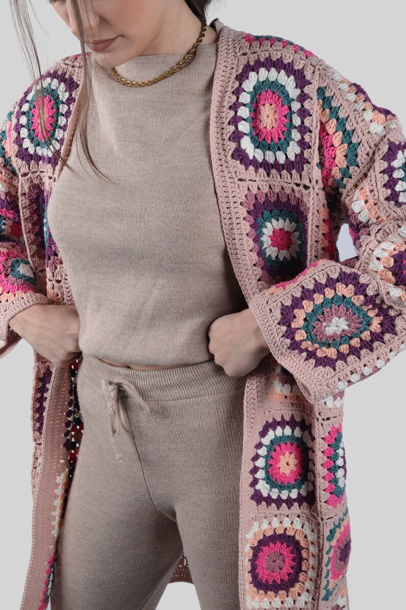 Pink Crochet Cardigan, Women Boho Coat, Cozy Patchwork Hippie Spring Jacket, Afghan Handmade Knit Sweater, Gift for Her Ready to Ship image 2