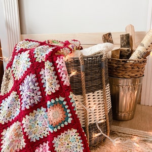 Red Granny Square Handmade Blanket, Afghan Chrochet Throw Bedspread, Boho Home Style, Xmas Holiday Decor, Christmas, Moms Day Gift For Home image 5