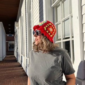 Red Granny Square Hat, Colorful Bucket Hat, Crochet Afghan Hat, Patchwork Hat, Knitted Beanie, Crochet Accessories, Popular Handmade Gift