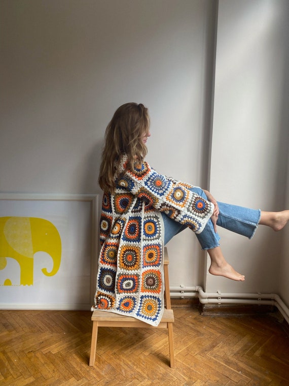 Clear Long Crocheted Cardigan Orange Cotton Knit Coat Etsy