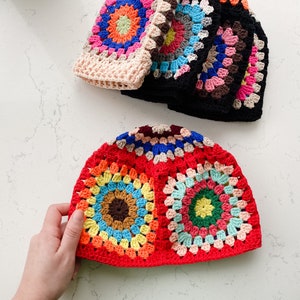 Ready to Ship Beanie Granny Square Colorful Crocheted, Cotton Knit Cap, Cozy Patchwork Hippie Hat,Unisex Valentines Gift for Her, Him image 2