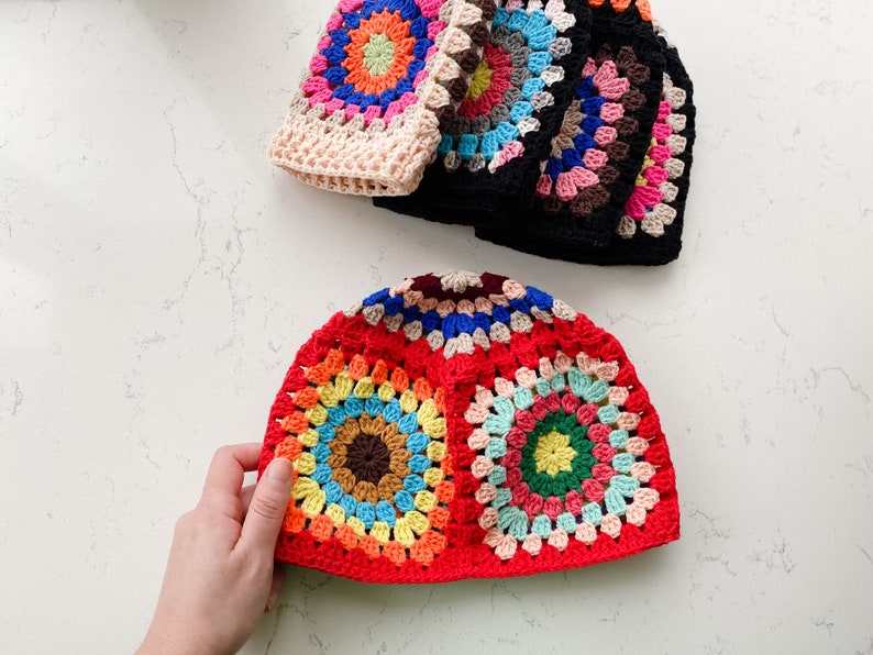 Ready to Ship Beanie Granny Square Colorful Crocheted, Cotton Knit Cap, Cozy Patchwork Hippie Hat,Unisex Valentines Gift for Her, Him image 2