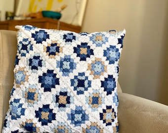 White Granny Square Pillow, Blue Crochet Boho Cover, Afghan Decorative Pillow Case, Handmade Multicolor Cushion, Gift for Home, Customize