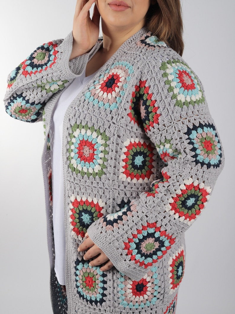 Granny Square Cardigan, Women Boho Coat, Cozy Cream Patchwork Hippie Spring Jacket,Afghan Handmade Knit Sweater, Moms Day Gift for Her image 2