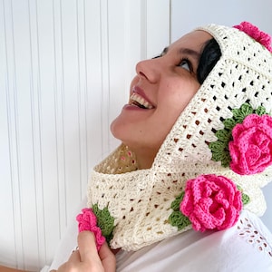 Crochet Pink Rose Balaclava – Granny Square Hood, Floral Boho Winter Hat, Cozy Handmade Gift
