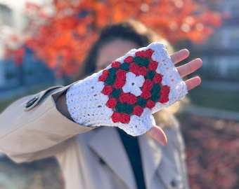 White Christmas Granny Square Fingerless Gloves, Red Crochet XMAS Accessories, Green Handmade Winter Couple Gloves, Unisex Gift for Her, Him