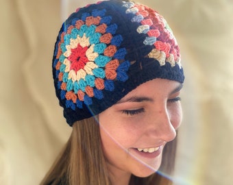 Ready to Ship | Beanie Granny Square Colorful Crocheted, Cotton Knit Cap, Cozy Patchwork Hippie Hat, Unisex Valentines Gift for Her, Him