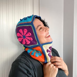 Knit Balaclava, Crochet Flower Balaclava, Granny Square Balaclava, Colorful Handmade Hat, Handknitted Afghan Hat, Crochet Winter Warm Hat