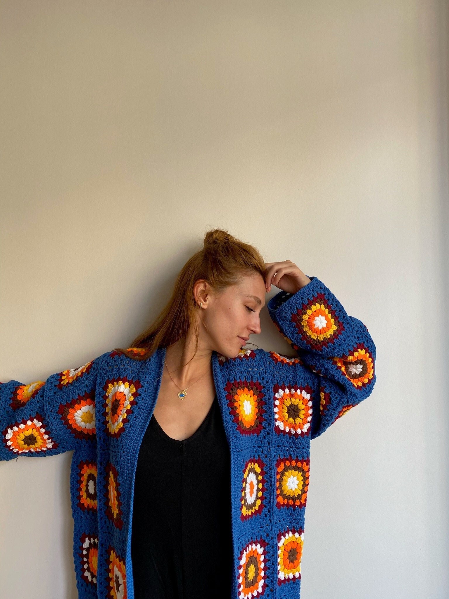 Blue Orange Crochet Cardigan, Women Boho Coat, Cozy Cream
