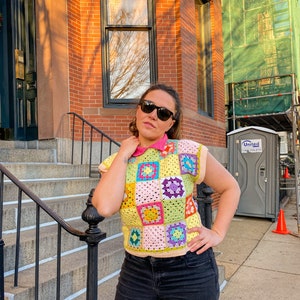 Hand Knit Vest for Women, Colorful Knit Sweater, Cream Waistcoat, Afghan Vest, Cotton Crochet Cardigan,Granny Square Retro Vest,Gift for Her image 7