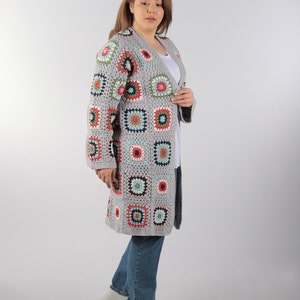 Granny Square Cardigan, Women Boho Coat, Cozy Cream Patchwork Hippie Spring Jacket,Afghan Handmade Knit Sweater, Moms Day Gift for Her image 4